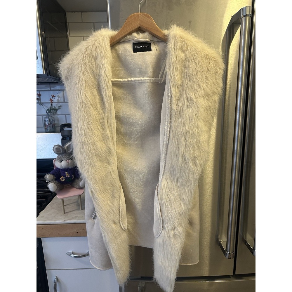 Dolce Cabo Women's‎ Suede Faux Fur Vest Open, Lined, Taupe Cream, Size L